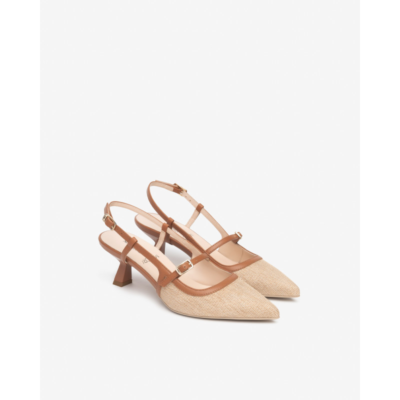 Nero Giardini slingback in tessuto natural e pelle cognac E615471D420