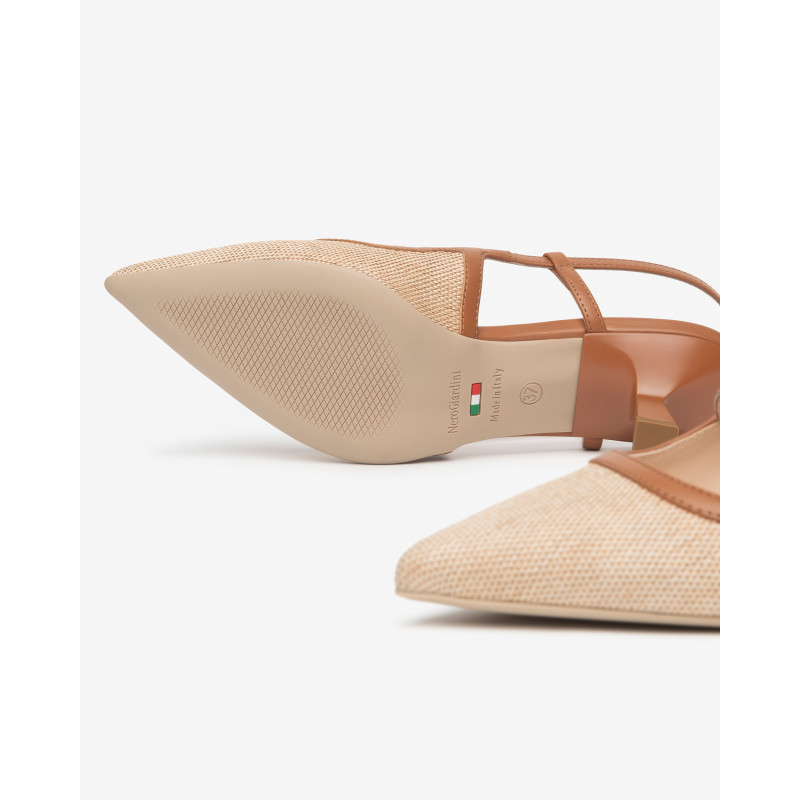 Nero Giardini slingback in tessuto natural e pelle cognac E615471D420