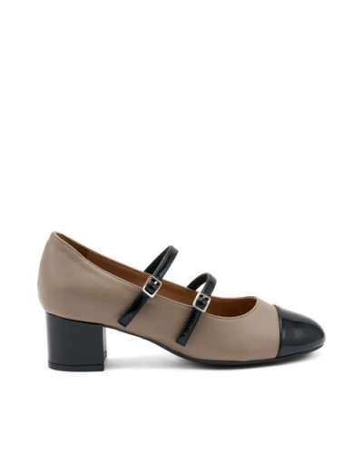 Frau ballerina Mary Jane in pelle tortora e vernice nero 66N7