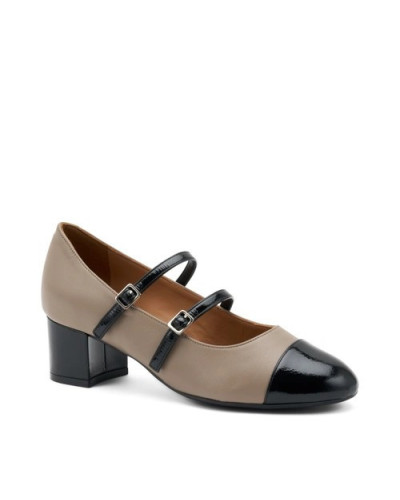 Frau ballerina Mary Jane in pelle tortora e vernice nero 66N7