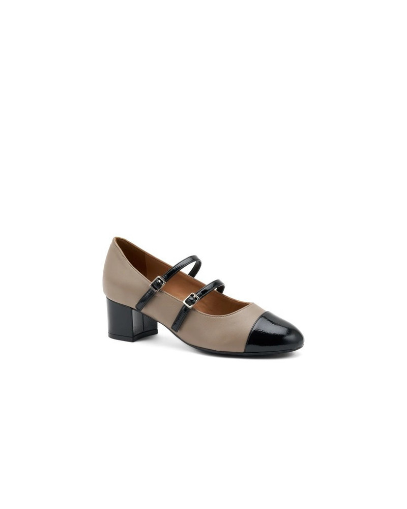 Frau ballerina Mary Jane in pelle tortora e vernice nero 66N7